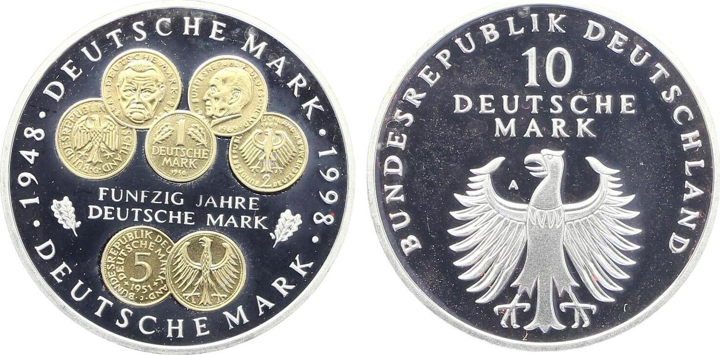 1998 10 DM 50 Jahre Deutsche Mark Bankfrisch teilvergoldet