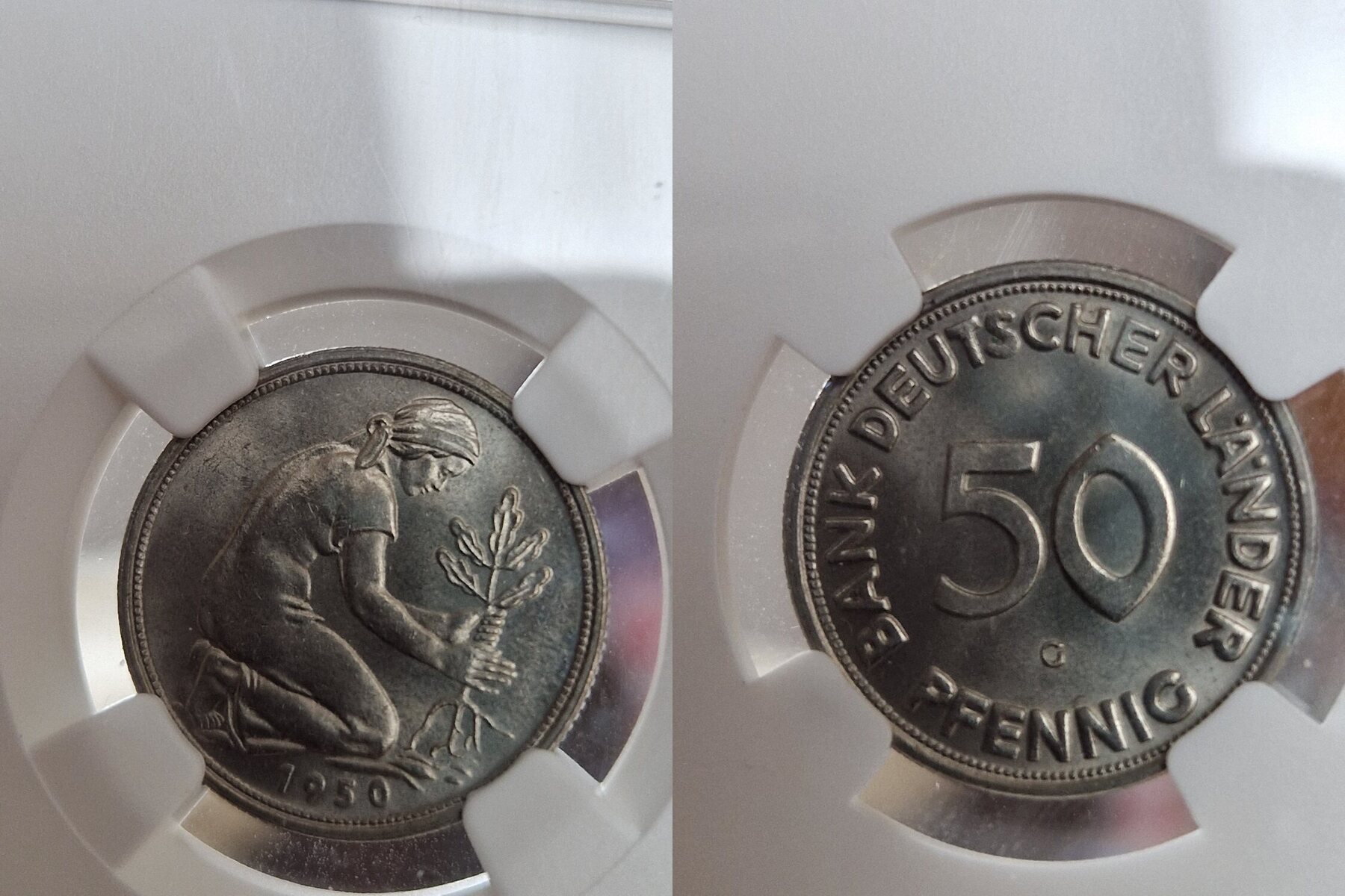 50 Pfennig Bank Deutscher Länder 1950 F GERMANY 1950G 50 Pfennig 1950 G Bank Deutscher Länder NGC MS 65+ | MA-Shops