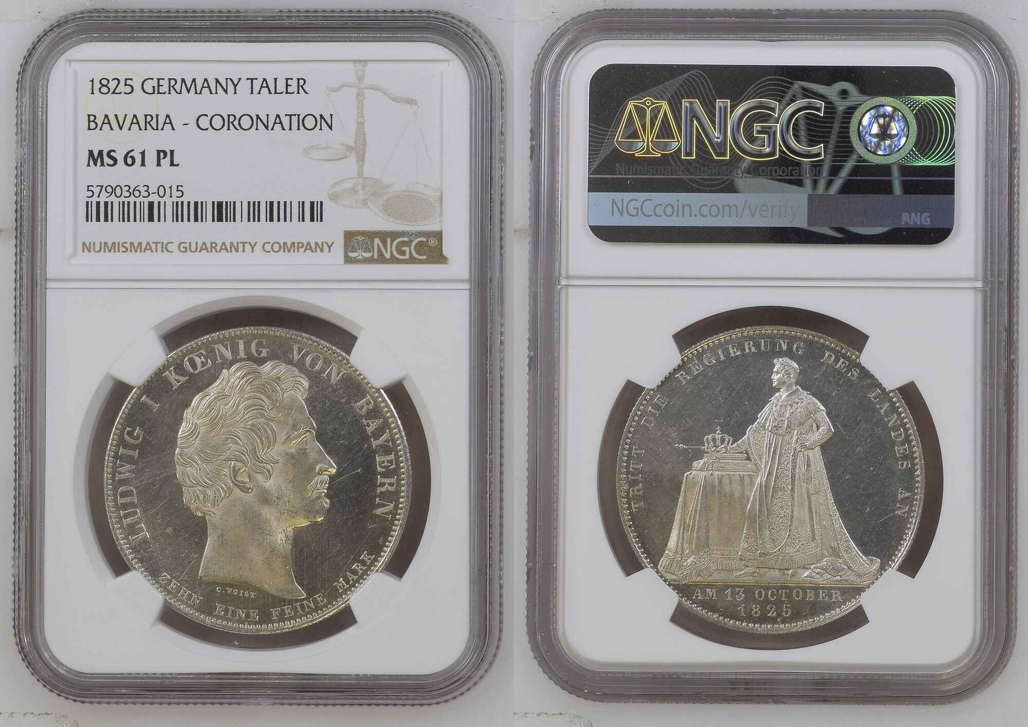 GERMANY 1825 BAYERN Taler Den Regierungsantritt, Dav. 555, NGC MS 61 PL ...