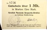 Gutschein 1 Mark Fürstlich Plessische Bergwerks Direktion zu Schloss Waldenburg -