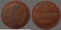 Allemagne, Deutschland, Schwartzburg kreuzer Schwartzburg, 1/4 de 1860, J.49 TTB -