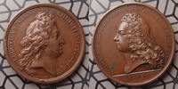 Louis XIV et Philippe Duc d'Anjou bronze LOUIS XIV et PHILIPPE Duc d'Orléans Roi d'Espagne, médaille en de 40,5 mm, avènement de Duc au trône d'Esapgne 1700, TTB+ -
