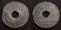 France 10 centimes zinc 1941, fautée fin de feuille, EM.223 Cat.2 TTB -