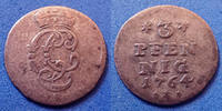 Allemagne, Deutschland, Schwarzburg Sondershausen 3 pfennig Schwarzburg Sonsershausen 1764, Christian Gunther, Fischer 414, J.61, 0,77 grm, TB à TTB R! -