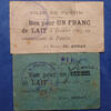 Bon alimentaire 1 franc Pantin, ville de Pantin lot de 2 bons alimentaire de lait et un bon rectifié un franc au lieu de un litre, année 1920, TB -