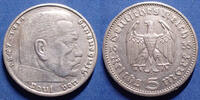 Allemagne, Deutschland, Germany, 3e Reich, Dritte 5 mark Hindenburg 1935 E, J.360 TTB+ -