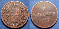 Allemagne, Deutschland, Wuerttemberg, Wurttemberg 1/2 kreuzer Wurttemberg, Wilhelm I 1847, AKS.115 TTB -
