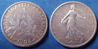 France 1 Franc 1908 semeuse de Roty, traces de nettoyage sinon TTB -