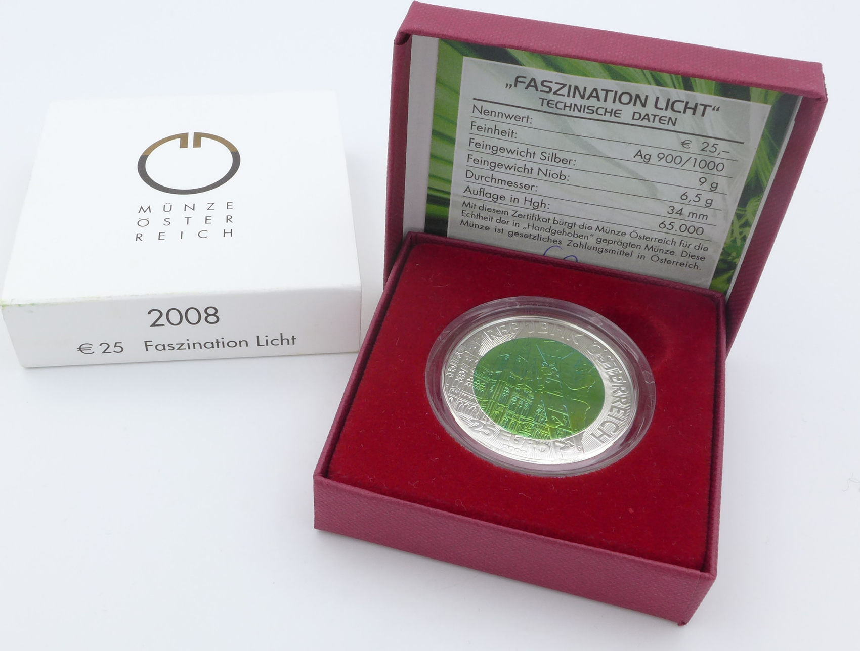 Österreich 25 Euro 2008 Silber Niob "Faszination Licht" Hgh - OS (lesen