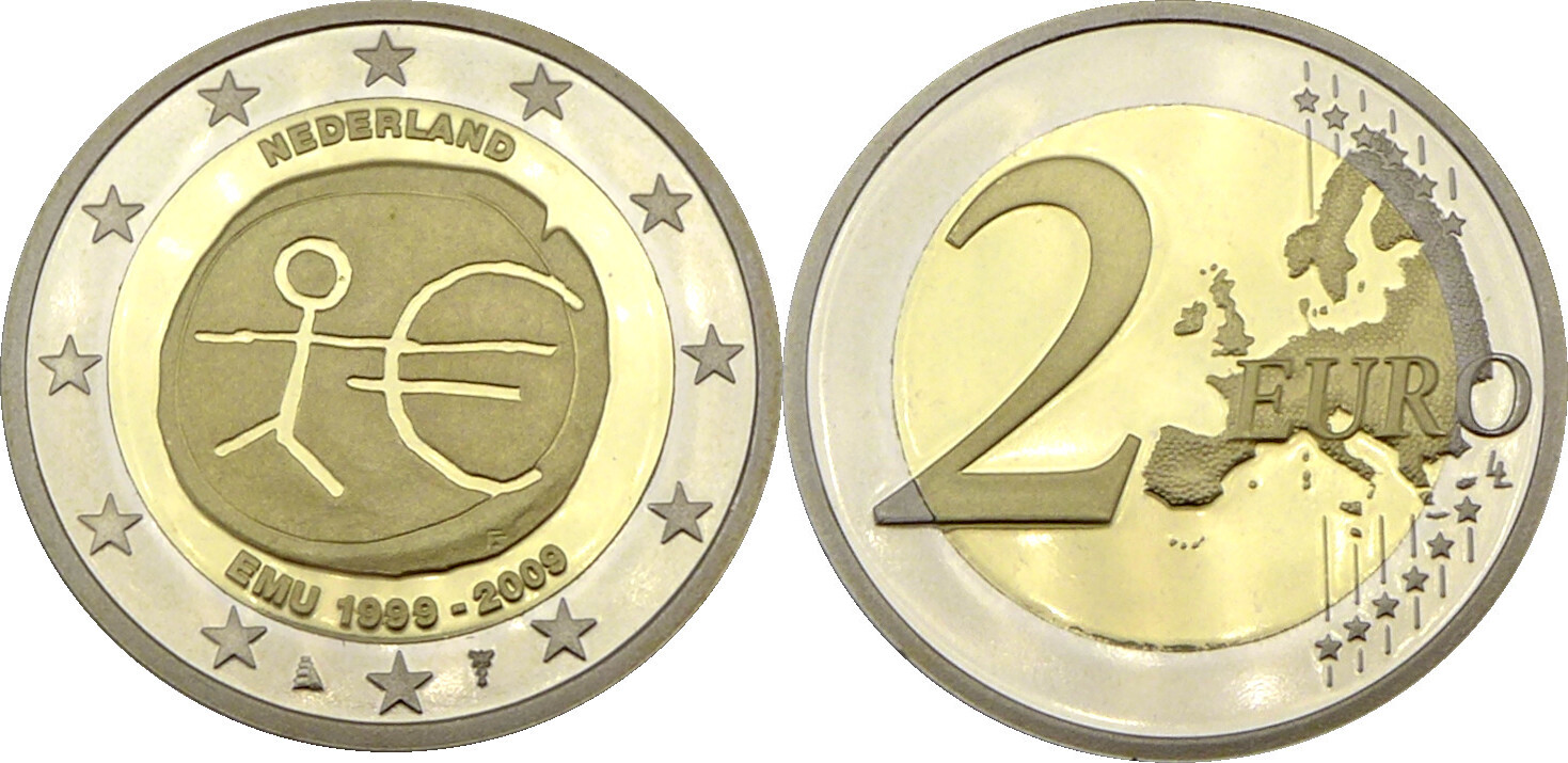 2 Euro Wwu 1999 Bis 2009 Wert Niederlande 2 Euro 2009 Zwei Euro - 10 Jahre Wirtschafts- und