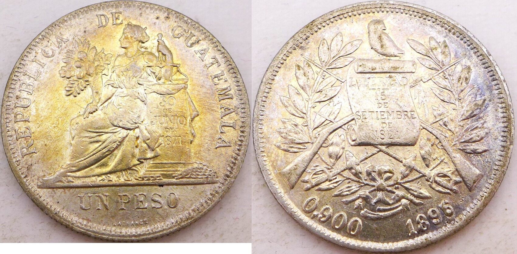 Guatemala Un Peso 1896 30. de Junio de 1871 ss/vzgl, mit Patina | MA-Shops