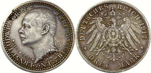 3 Mark 1917 A Ernst Ludwig (1892-1918) - Großherzog von Hessen - Drei Mark - J.77 SS+, mit Patina