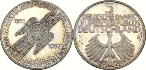 Bundesrepublik Deutschland / BRD 5 Deutsche Mark / 5 DM 1952 D 100 Jahre Germanisches National-Museu