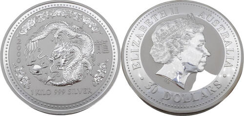 Australien 30$ / 30 Dollars / 1 Kilo 2000 Lunar Serie I / Jahr des Drachen / 1 Kilogramm Silber Stem