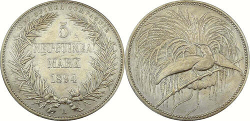 Deutsch-Neuginea 5 Neu-Guinea Mark 1894 A Fünf Neu-Guinea Mark - Paradiesvogel - N 707. ss/vzgl, mit