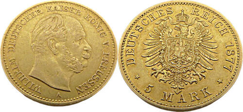 Kaiserreich Preußen 5 Mark 1877 A Wilhelm I. Jäger 244 ss/vzgl