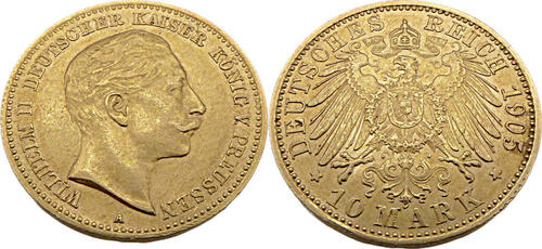 Kaiserreich Preußen 10 Mark 1905 A Wilhelm II.Jäger 251 Vzgl