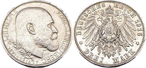 Kaiserreich Württemberg 3 Mark 1916 F 25. Jahrestag - Herrschaft von Wilhelm II,J.178 gutes Vzgl,