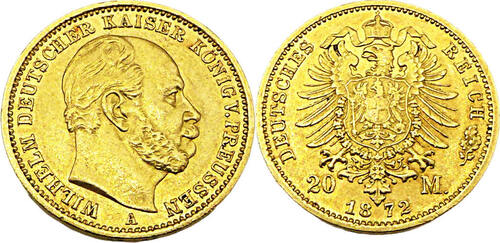 Kaiserreich Preußen 20 Mark Wilhelm II. Deutscher Kaiser König von Preussen, J.243, 1872 A gutes SS+