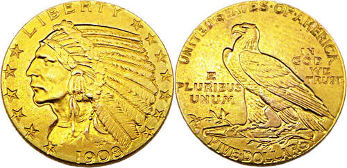 Vereinigte Staaten / USA 1908 Indian Head 5 Dollar Vzgl/stgl