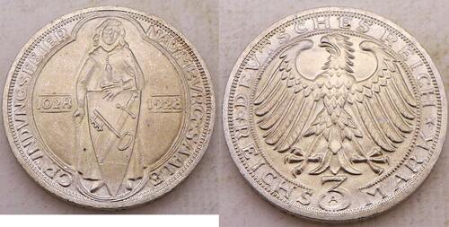 Deutschland,Weimarer Republik 3,- Reichsmark 1928 A Naumburg an der Saale,J.333 Vzgl+