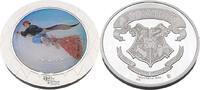 Harry Potter Medaille, Ron auf fliegenden Besen, versilbert mit Farbapplikation -