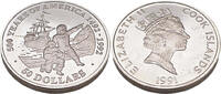 Cook Islands 50 Dollar Serie 500 Jahre Amerika 1492 - 1992, Mayflower und Pilger -