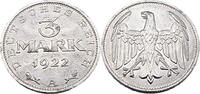 Weimarer Republik 3 Mark 1922 A 3 Mark, J.302 fast Stempelglanz 8,95 EUR  zzgl. 3,50 EUR Versand