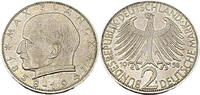 2 Deutsche Mark 1958 F Bundesrepublik Deutschland / BRD Max Planck fast Stempelglanz, leichte Patina