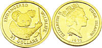 Cook Islands 25 Dollar Gefährdete Tierwelt - Koala 1991 -
