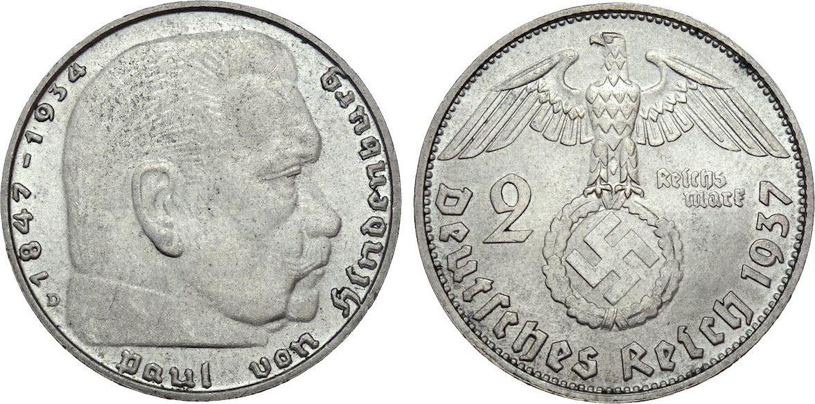 Deutsches Reich 2 Mark 1937 D Hindenburg vz-st | MA-Shops