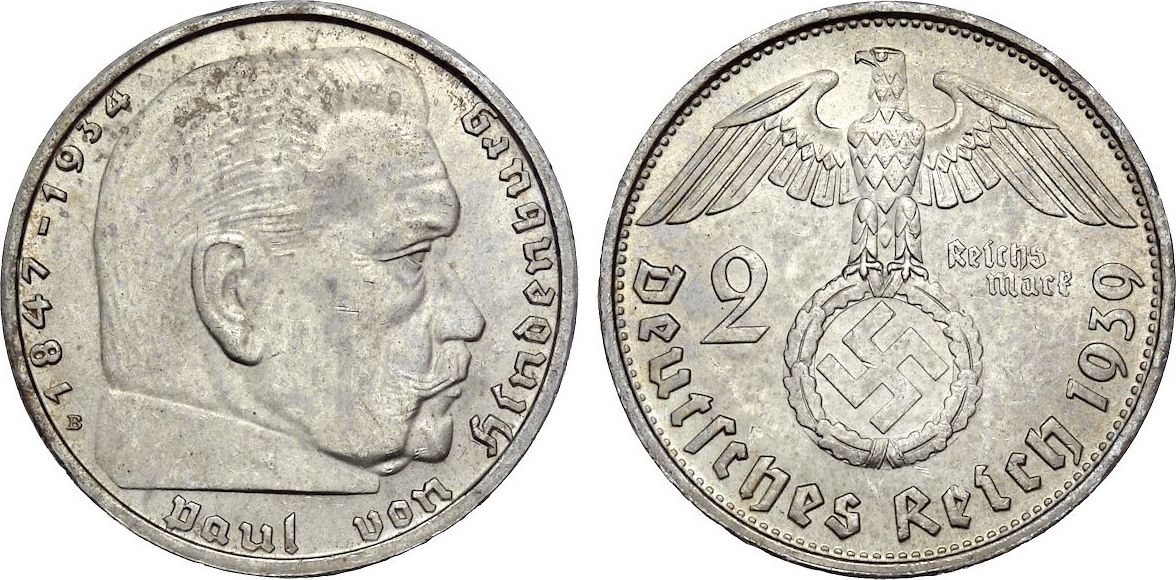 Deutsches Reich 2 Mark 1939 B Hindenburg Vz-st | MA-Shops