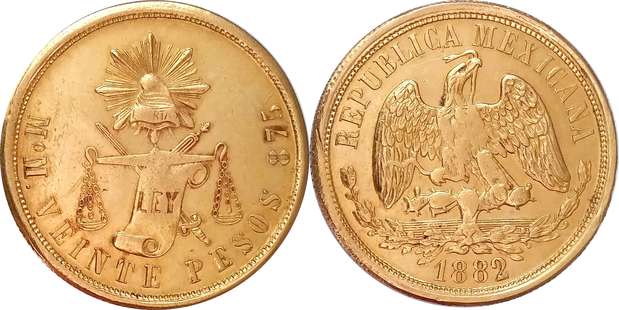 1882 Gold 20 Pesos Mexico, Rare Extra Fine | MA-Shops