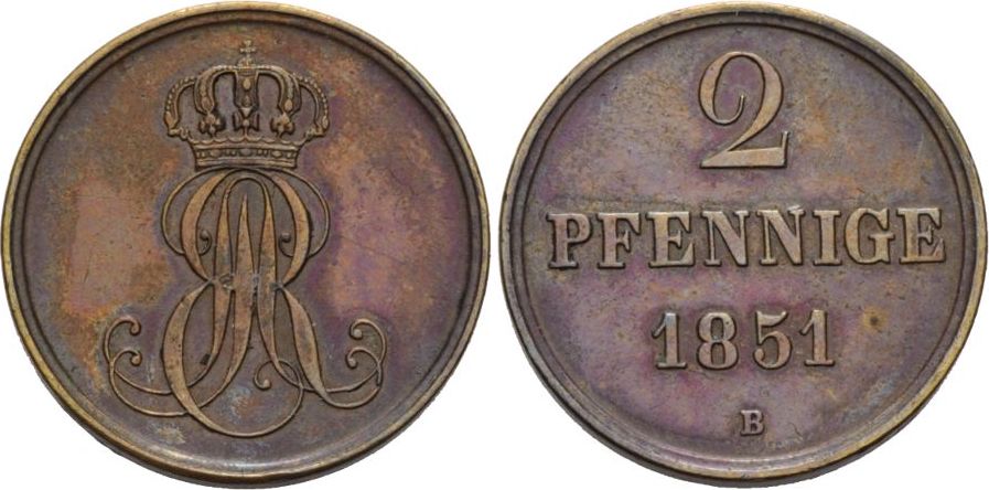 Hannover, 2 Pfennige 1851 B, Ernst August, 1837-1851, Schöne Patina, Vz ...