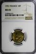 10 Francs France Aluminum-Bronze 1951  NGC MS65 KM# 915.1 (037)
