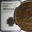 2 Senti ESTONIA Bronze 1934  NGC MS63 BN 1 YEAR TYPE NICE TONED KM# 15 (147)