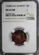 10 Centesimi San Marino Bronze 1938 R  NGC MS65 RB Mintage-400,000 KM# 13 (253)