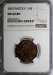1/4 Skilling Sweden Gustaf IV Adolf Copper 1805  NGC MS63 BN Nice KM# 564 (012)