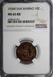 10 Centesimi San Marino 1936 R  NGC MS65 RB Lowest Mintage -300,000 KM# 13 (251)