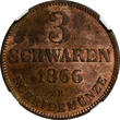 3 Schwaren Germany OLDENBURG 1866-B  NGC UNC DET, MINTAGE-36,000 KM# 191 (205) NGC unz DET
