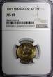 10 Francs Madagascar Aluminium-Bronze 1972  NGC MS65 TOP GRADED KM# 11 (014)
