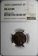2 Rentenpfennig Germany,Weimar Republic 1923-A  NGC MS63 BN KM# 31 (019)