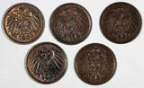 1 Pfennig Germany Empire Wilhelm II Copper LOT OF 5 COINS 1905-1912  UNC KM#10(6) unz