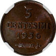 5 Centesimi San Marino Bronze 1936 R  NGC MS64 BN Mintage-400,000 KM# 12 (014)