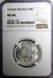 50 Centavos Mexico ESTADOS UNIDOS Silver 1944 M  NGC MS66 GEM BU KM# 447 (029)