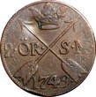 SWEDEN COPPER Frederick I 1749 2 Ore, S.M.Struck at Avesta Mint KM# 437 (2332) Uncertified