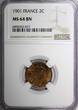 2 Centimes FRANCE Bronze 1901  NGC MS64 BN 1 GRADED HIGHEST KM# 841 (017)