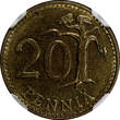 20 Pennia Finland Aluminum-Bronze 1968-S  NGC MS65 TOP GRADED BY NGC KM# 47 (168)
