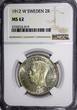 2 Kronor SWEDEN Gustaf V Silver 1912 W  NGC MS62 TOP GRADED RARE KM# 787 (019)
