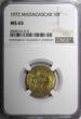 10 Francs Madagascar Aluminium-Bronze 1972  NGC MS65 TOP GRADED KM# 11 (015)